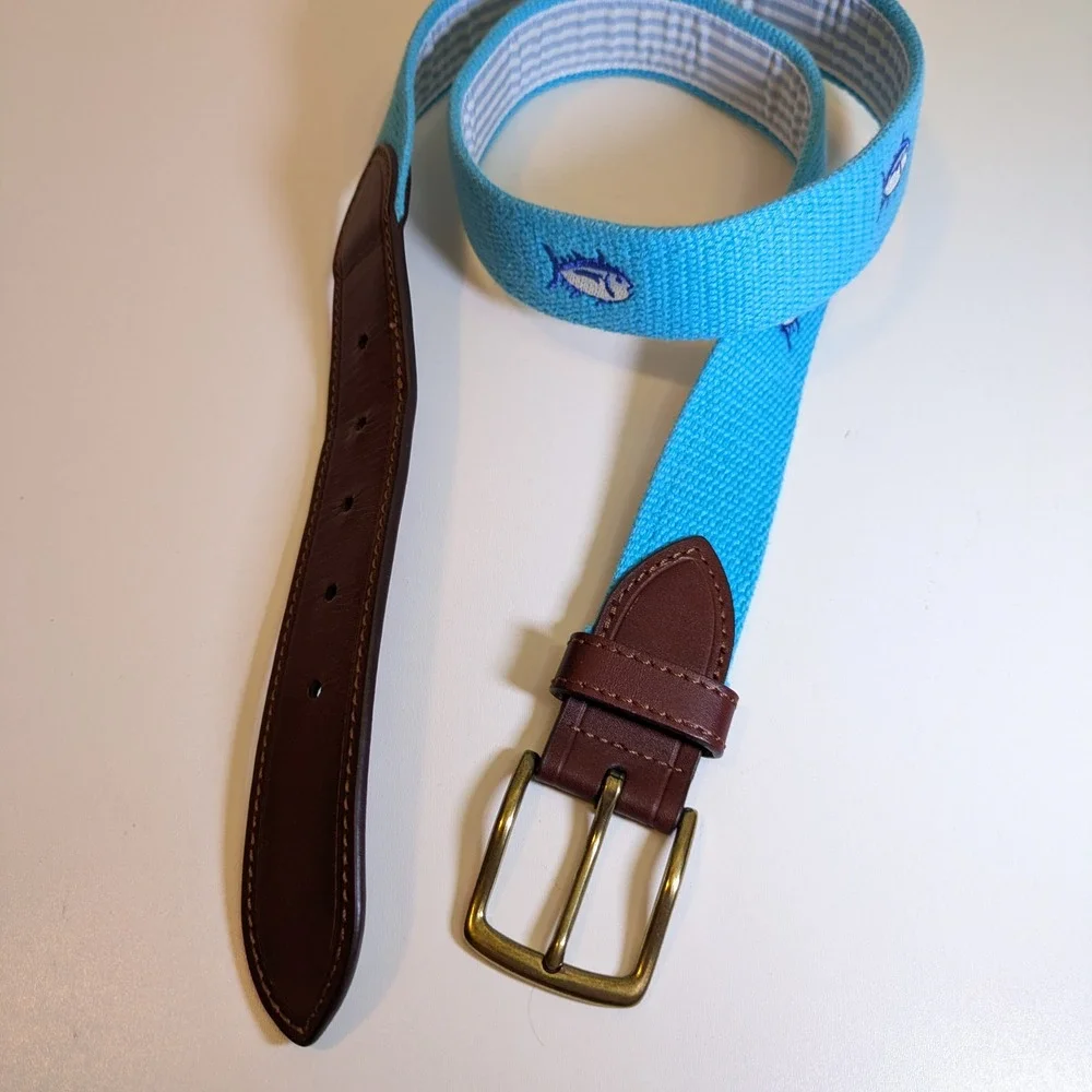 Southern Tide Skipjack Fish Belt Mens 38 Aqua Blue Canvas Leather Preppy Coastal